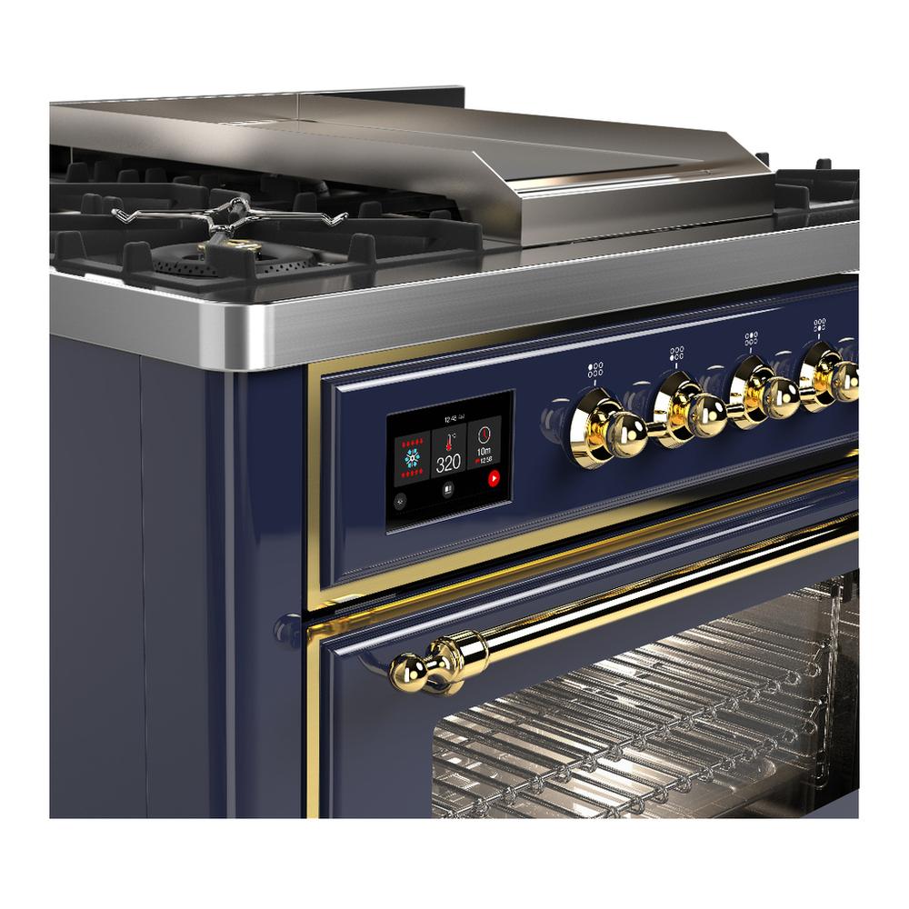 Ilve UM36FNR3MBGLP Ilve Um36Fnr3Mbglp Majestic Iii 36 Inch Dual Fuel Range With 6 Black Brass Burners And Griddle, Dual Function Burner Up To 25,000 Btu (Triple Glass Door, Midnight Blue, Brass, Liquid Propane)