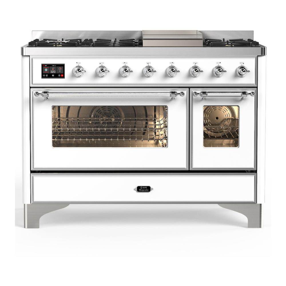 Ilve UM48FNR3WHCLP Ilve Um48Fnr3Whclp Majestic Iii 48 Inch Dual Fuel Range With 8 Burners And Griddle, Dual Function Burner Up To 25,000 Btu (Liquid Propane, Triple Glass Door, White, Chrome)