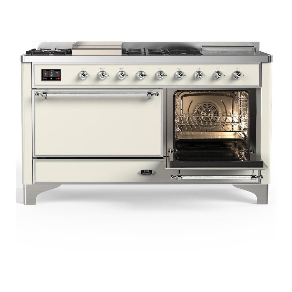 Ilve UM60FSQNR3AWCLP Ilve Um60Fsqnr3Awclp Majestic Iii 60 Inch Dual Fuel Range With 7 Burners, Griddle And French Top, Dual Function Burner With Up To 25,000 Btu (Liquid Propane, Solid Door, Antique White, Chrome)