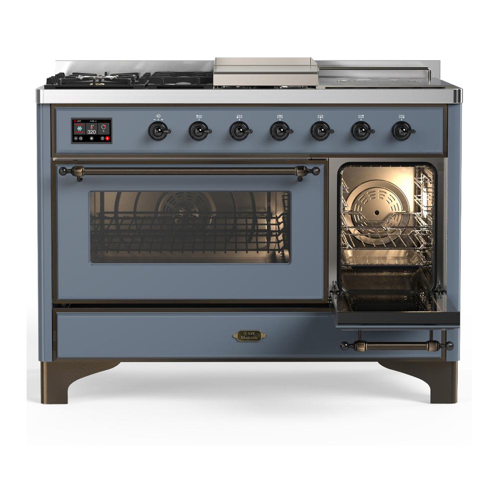 Ilve UM48FSNR3BGBLP Ilve Um48Fsnr3Bgblp Majestic Iii 48 Inch Dual Fuel Range With 5 Black Brass Burners, Griddle And French Top, Dual Function Burner Up To 25,000 Btu (Liquid Propane, Triple Glass Door, Blue Grey, Burnished)
