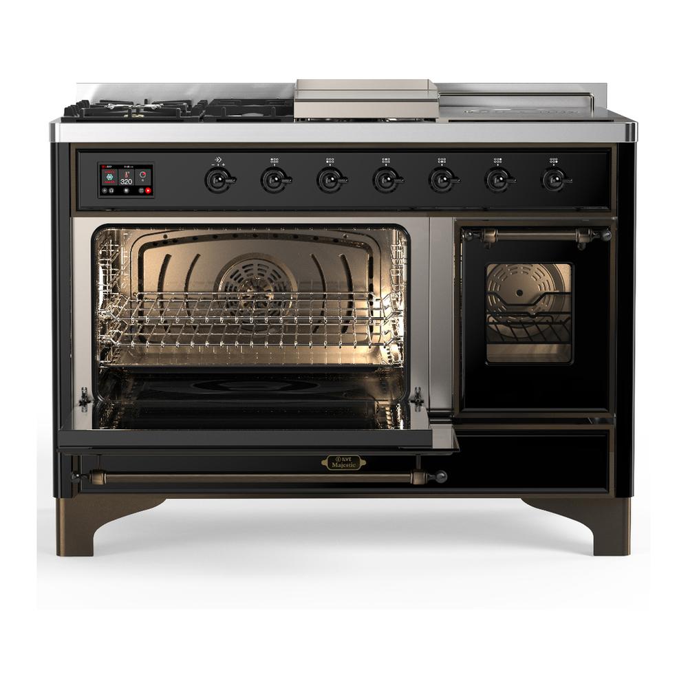 Ilve UM48FSNR3BKB Ilve Um48Fsnr3Bkb Majestic Iii 48 Inch Dual Fuel Range With 5 Black Brass Burners, Griddle And French Top, Dual Function Burner Up To 25,000 Btu (Natural Gas, Triple Glass Door, Glossy Black, Burnished)