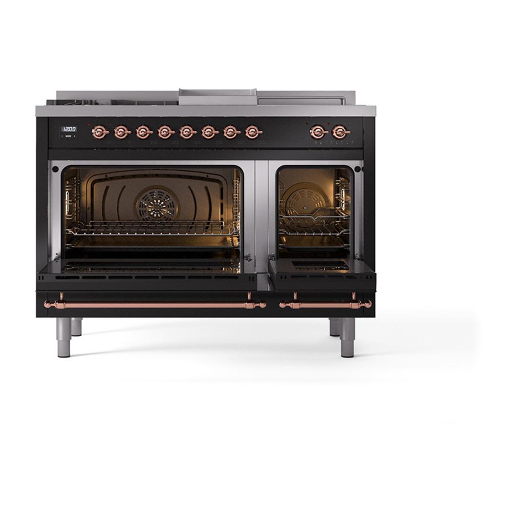 Ilve UN48FSNMPBKPLP Ilve Un48Fsnmpbkplp Nostalgie Ii Noblesse 48" Dual Fuel Range (5 Sealed Burners + Griddle + French Top, Liquid Propane, Triple Glass Door, Glossy Black, Copper)