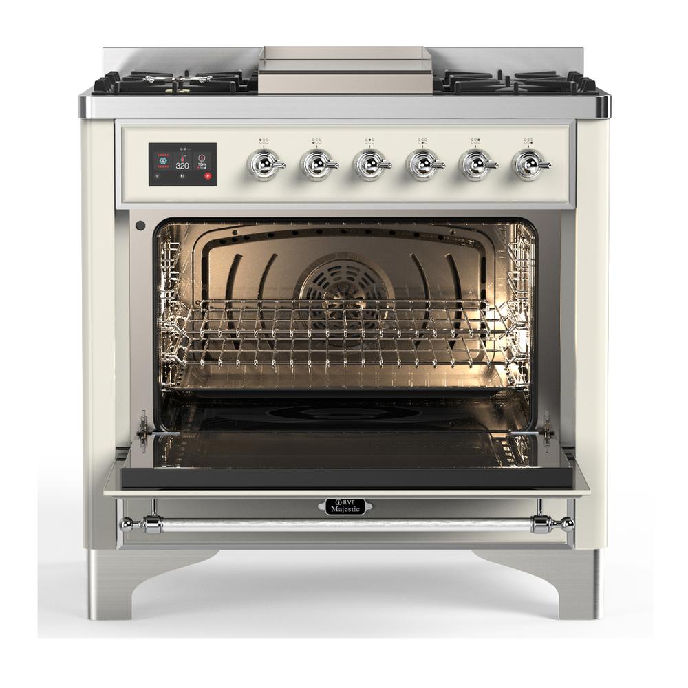 Ilve UM36FNR3AWC Ilve Um36Fnr3Awc Majestic Iii 36 Inch Dual Fuel Range With 6 Black Brass Burners And Griddle, Dual Function Burner Up To 25,000 Btu (Triple Glass Door, Antique White, Chrome, Natural Gas)