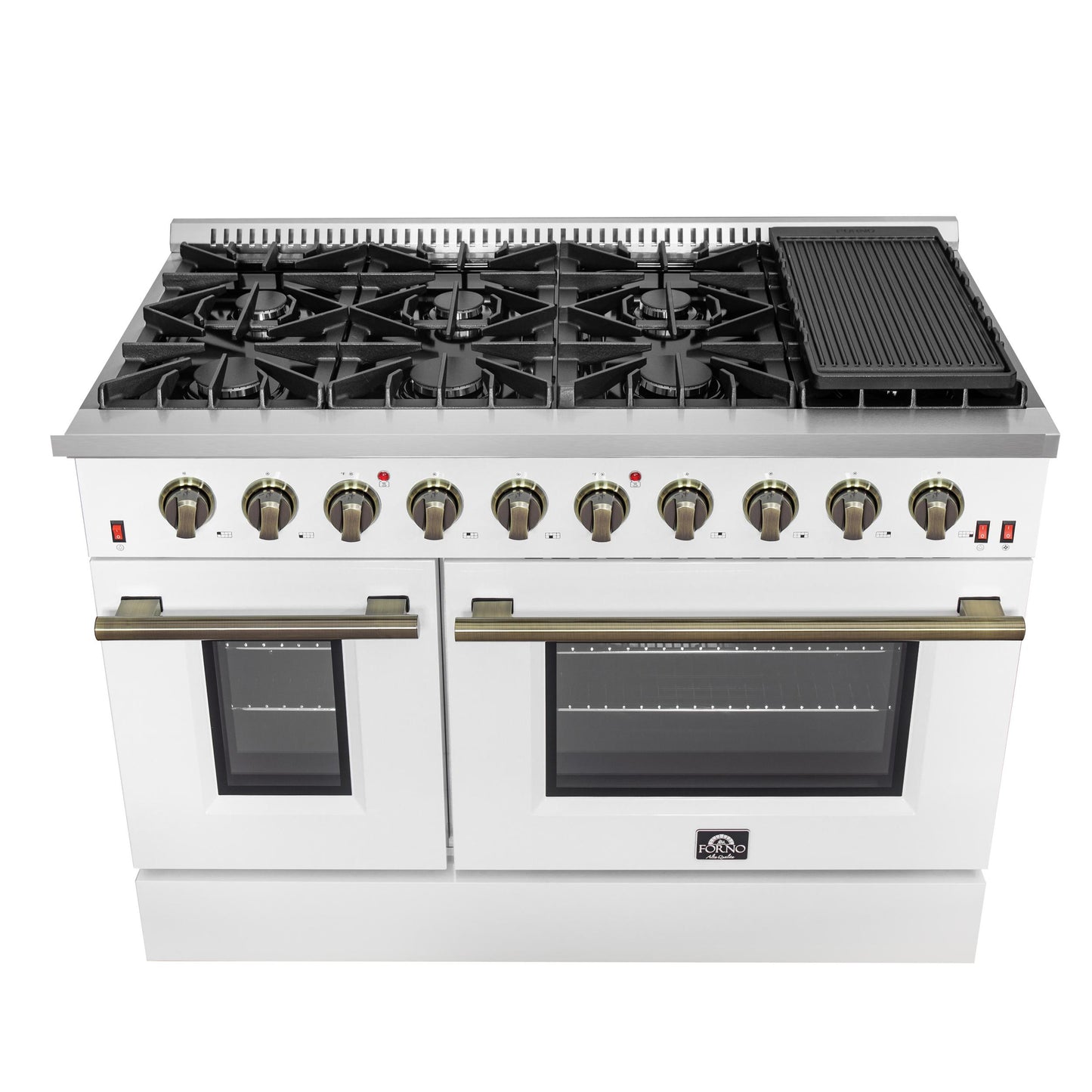 Forno FFSGS624448WHT Forno Galiano 48-Inch Gas Range White & Antique Brass Design, 8 Burners, 107,000 Btu, Griddle, 6.58 Cu.Ft. Double Ovens