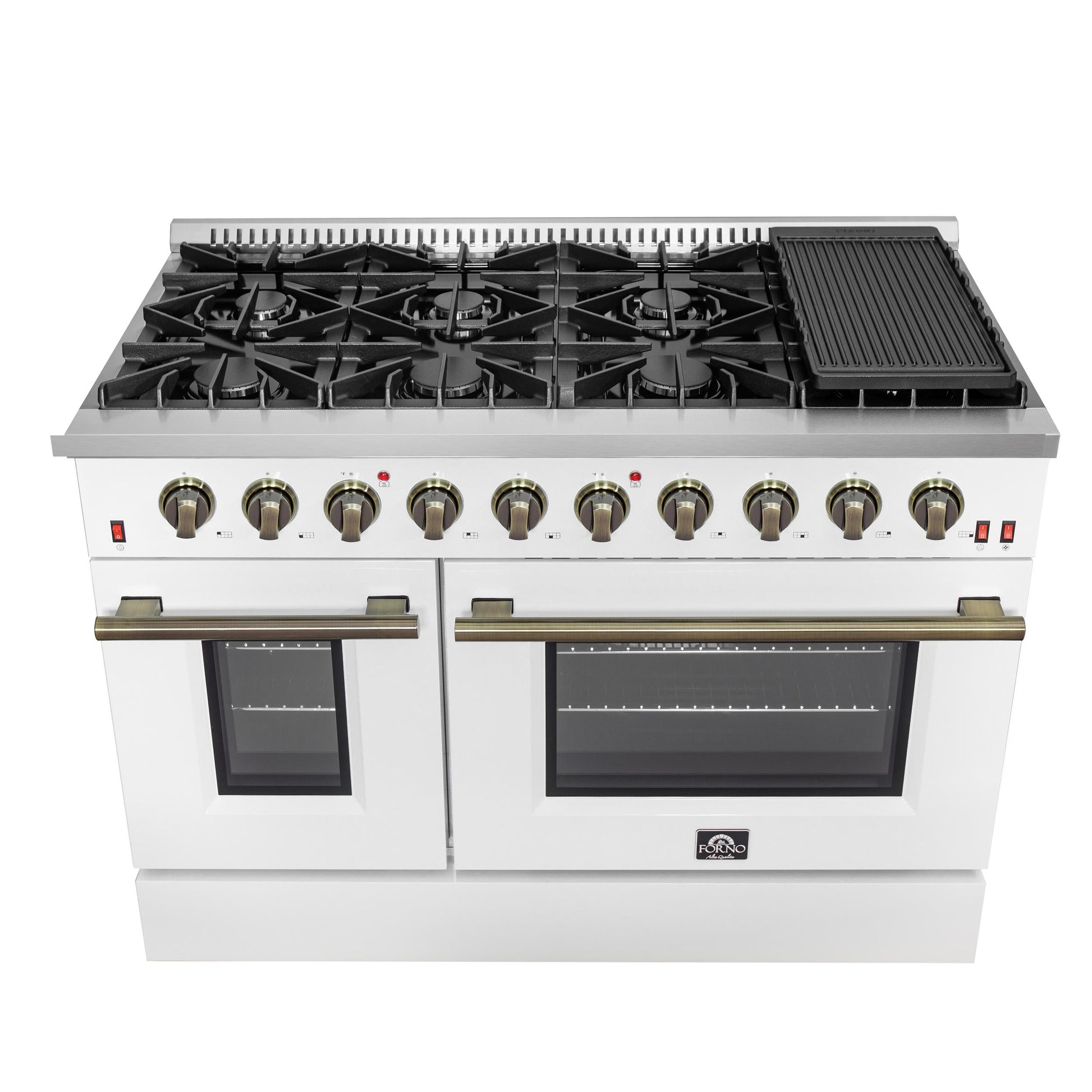 Forno FFSGS624448WHT Forno Galiano 48-Inch Gas Range White & Antique Brass Design, 8 Burners, 107,000 Btu, Griddle, 6.58 Cu.Ft. Double Ovens
