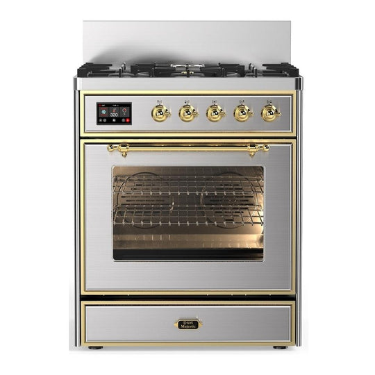 Ilve UM30NR3SSGLP Ilve Um30Nr3Ssglp Majestic Iii 30 Inch Dual Fuel Range With 5 Black Brass Burners, Dual Function Burner Up To 25,000 Btu (Liquid Propane, Triple Glass Door, Stainless Steel, Brass)