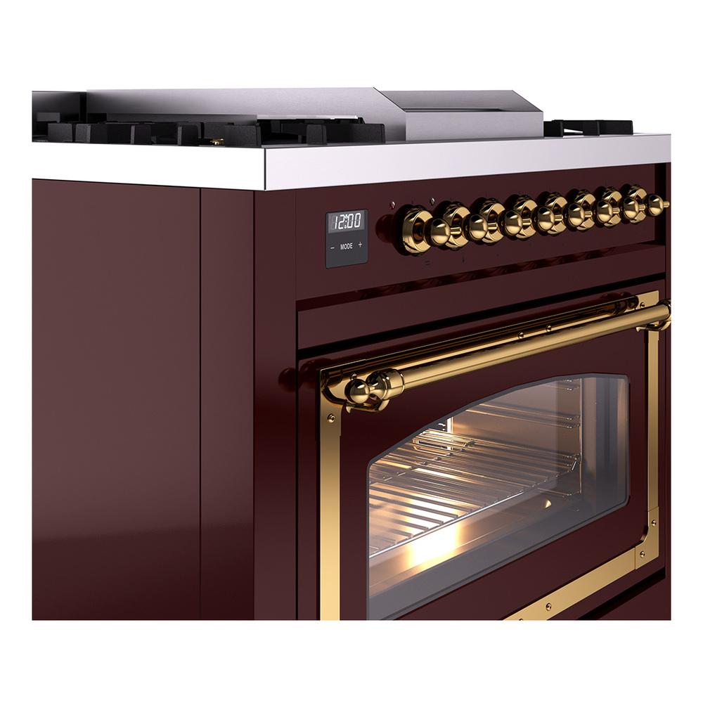 Ilve UN36FNMPBUG Ilve Un36Fnmpbug Nostalgie Ii Noblesse 36" Dual Fuel Range (Natural Gas, Triple Glass Door, Burgundy, Brass)
