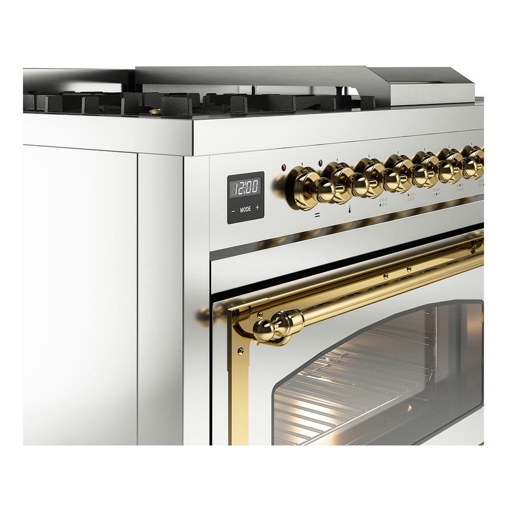 Ilve UN48FSNMPSSG Ilve Un48Fsnmpssg Nostalgie Ii Noblesse 48" Dual Fuel Range (5 Sealed Burners + Griddle + French Top, Natural Gas, Triple Glass Door, Stainless Steel, Brass)