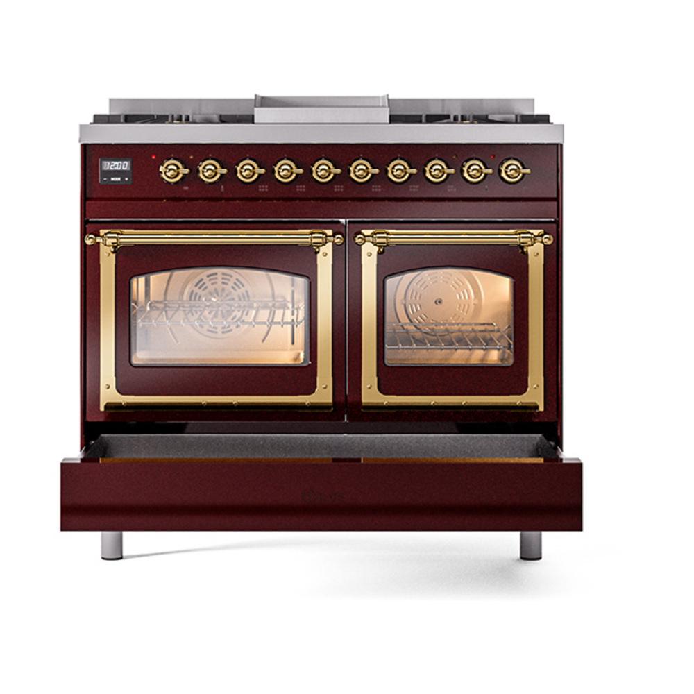 Ilve UND40FNMPBUG Ilve Und40Fnmpbug Nostalgie Ii Noblesse 40" Dual Fuel Range (Natural Gas, Triple Glass Door, Burgundy, Brass)