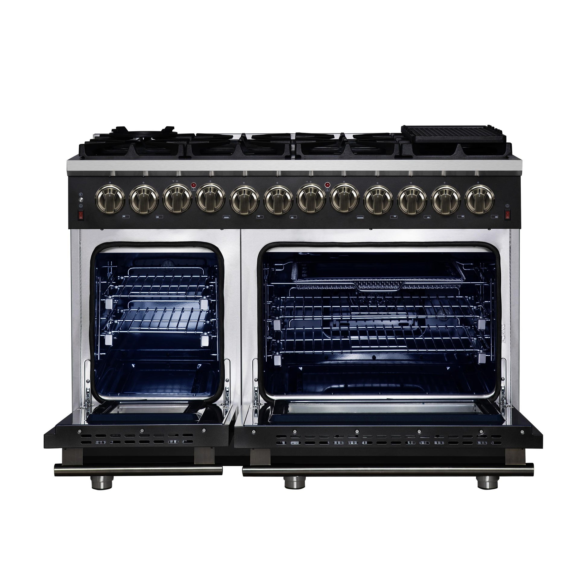 Forno FFSGS612548BLK Forno Massimo 48 Inch Freestanding Dual Fuel Range In Black With Antique Brass Accessories, 8 Burners, 6.58 Cu. Ft. Convection Oven