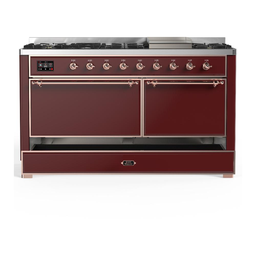 Ilve UM60FQNR3BUP Ilve Um60Fqnr3Bup Majestic Iii 60 Inch Dual Fuel Range With 9 Burners And Griddle, Dual Function Burner Up To 25,000 Btu (Natural Gas, Solid Door, Burgundy, Copper)