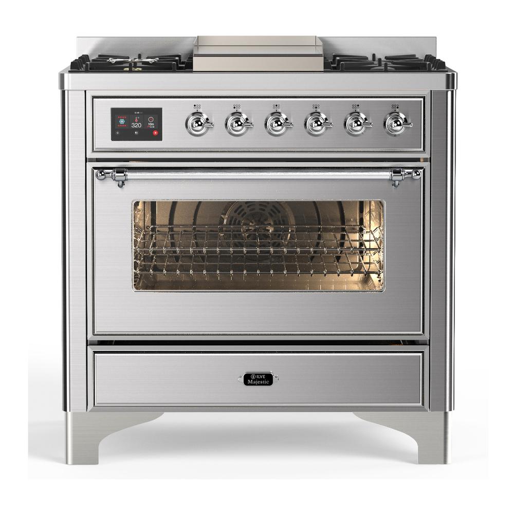 Ilve UM36FNR3SSC Ilve Um36Fnr3Ssc Majestic Iii 36 Inch Dual Fuel Range With 6 Black Brass Burners And Griddle, Dual Function Burner Up To 25,000 Btu (Triple Glass Door, Stainless Steel, Chrome, Natural Gas)
