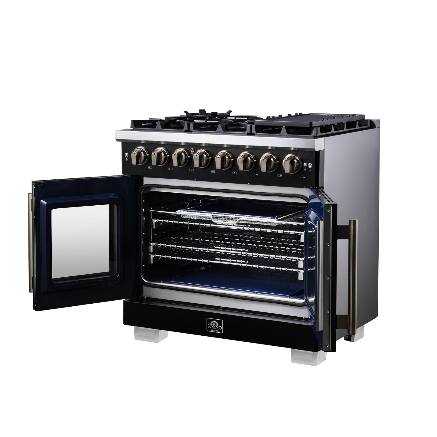 Forno FFSGS638736BLK Forno Capriasca 36 Inch Freestanding French Door Dual Fuel Range In Black With Antique Brass Accessories, 6 Burners, True Convection Oven