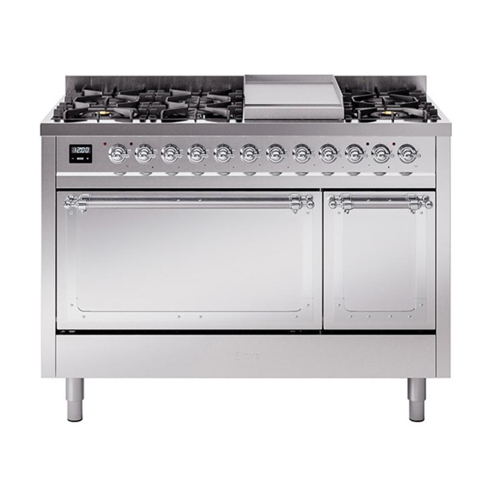 Ilve UN48FQNMPSSCLP Ilve Un48Fqnmpssclp Nostalgie Ii Noblesse 48" Dual Fuel Range (8 Sealed Burners + Griddle, Liquid Propane, Solid Door, Stainless Steel, Chrome)