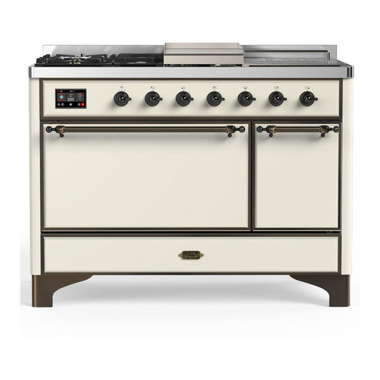Ilve UM48FSQNR3AWBLP Ilve Um48Fsqnr3Awblp Majestic Iii 48 Inch Dual Fuel Range With 5 Black Brass Burners, Griddle And French Top, Dual Function Burner Up To 25,000 Btu (Liquid Propane, Solid Door, Antique White, Burnished)