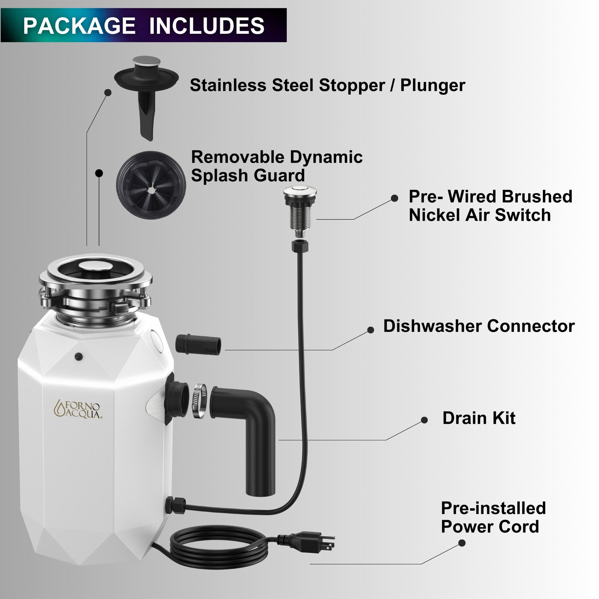 Forno WDD075TA2MS Forno Acqua Brightdiamond Moonstone 3/4Hp Super Quiet Garbage Disposal Corded With Motion Sensor Cabinet Light & Pre-Wired Air Switch