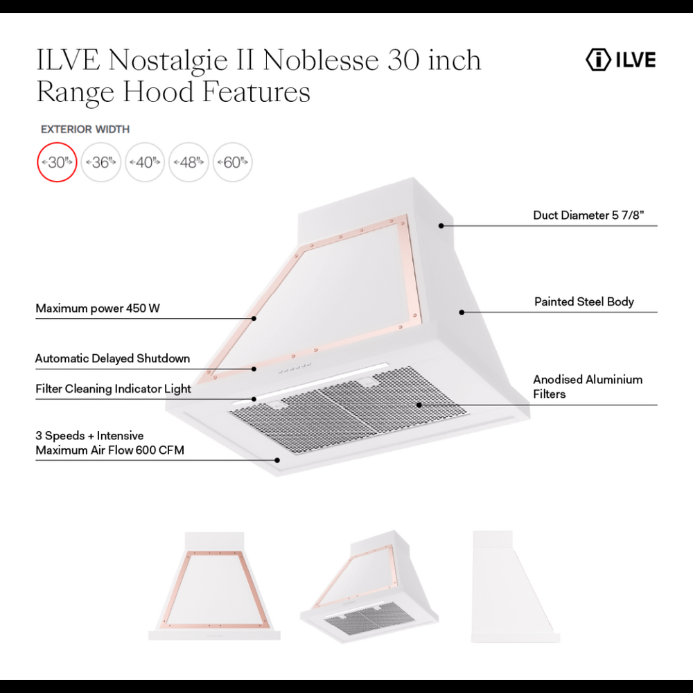 Ilve UANB30BGP Ilve Uanb30Bgp Nostalgie Ii Noblesse 30 Inch Range Hood With 600 Cfm (Blue Grey, Copper)