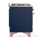 Ilve UM48FSNR3MBP Ilve Um48Fsnr3Mbp Majestic Iii 48 Inch Dual Fuel Range With 5 Black Brass Burners, Griddle And French Top, Dual Function Burner Up To 25,000 Btu (Natural Gas, Triple Glass Door, Midnight Blue, Copper)