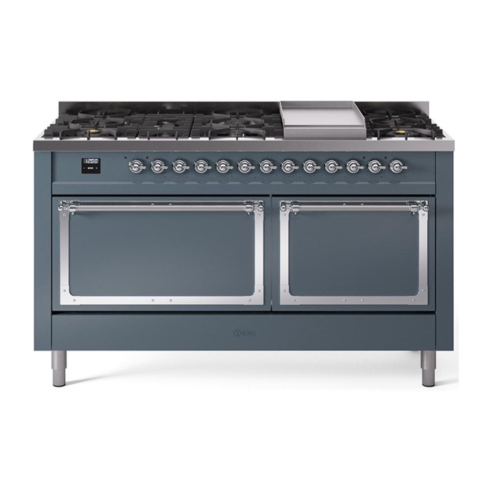 Ilve UN60FQNMPBGCLP Ilve Un60Fqnmpbgclp Nostalgie Ii Noblesse 60" Dual Fuel Range (9 Sealed Burners + Griddle, Liquid Propane, Solid Door, Blue Grey, Chrome)
