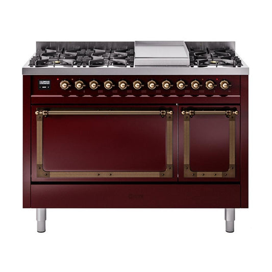 Ilve UN48FQNMPBUBLP Ilve Un48Fqnmpbublp Nostalgie Ii Noblesse 48" Dual Fuel Range (8 Sealed Burners + Griddle, Liquid Propane, Solid Door, Burgundy, Burnished)