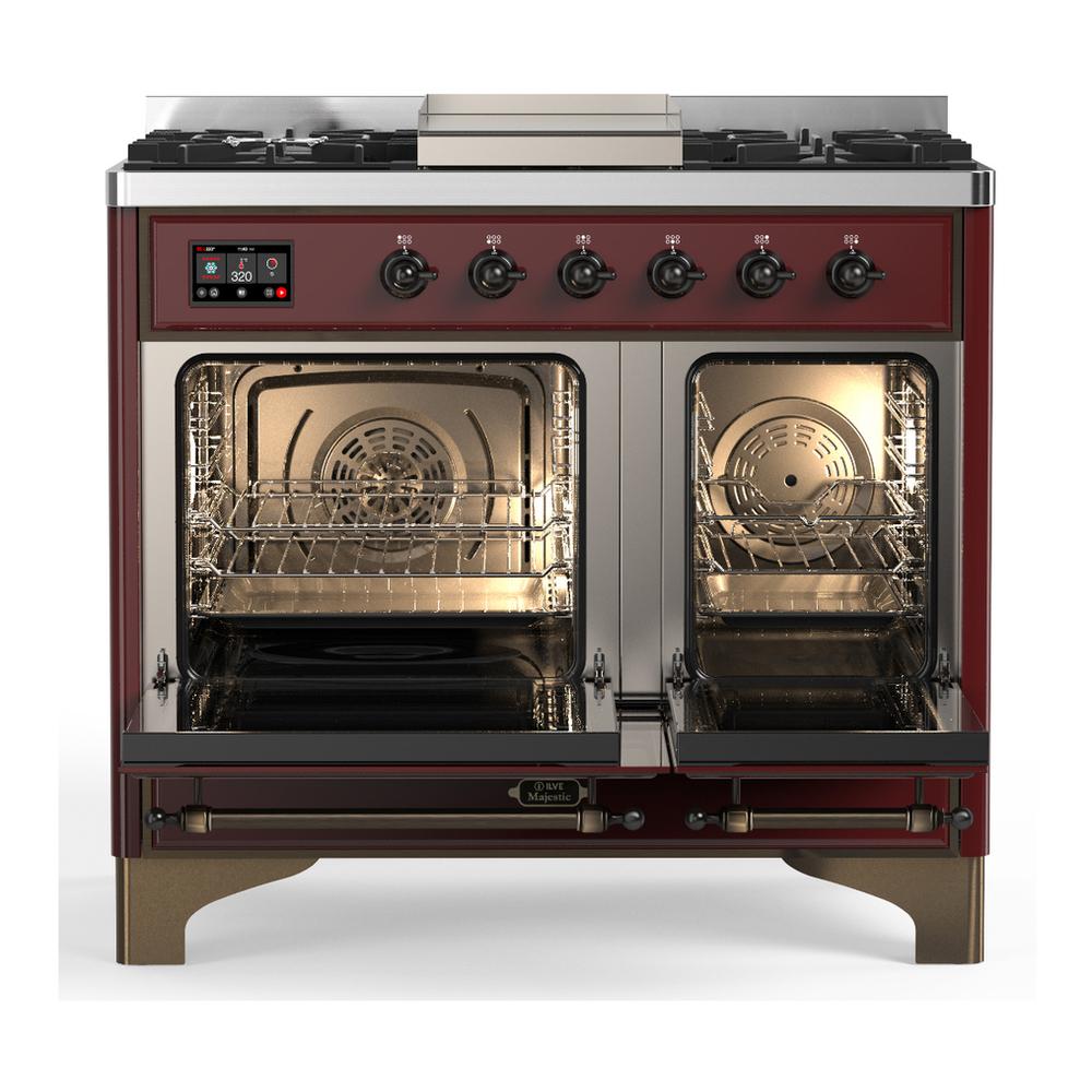 Ilve UMD40FNR3BUB Ilve Umd40Fnr3Bub Majestic Iii 40 Inch Dual Fuel Range With 6 Burners And Griddle, Dual Function Burner Up To 25,000 Btu (Natural Gas, Triple Glass Door, Burgundy, Burnished)