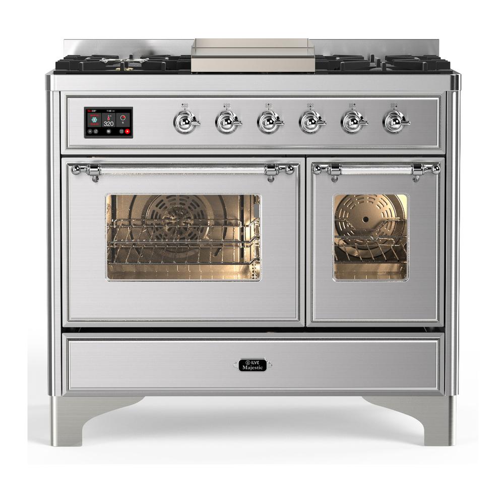 Ilve UMD40FNR3SSC Ilve Umd40Fnr3Ssc Majestic Iii 40 Inch Dual Fuel Range With 6 Burners And Griddle, Dual Function Burner Up To 25,000 Btu (Natural Gas, Triple Glass Door, Stainless Steel, Chrome)