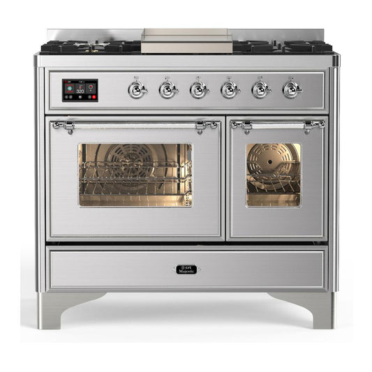 Ilve UMD40FNR3SSC Ilve Umd40Fnr3Ssc Majestic Iii 40 Inch Dual Fuel Range With 6 Burners And Griddle, Dual Function Burner Up To 25,000 Btu (Natural Gas, Triple Glass Door, Stainless Steel, Chrome)