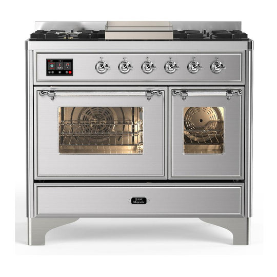 Ilve UMD40FNR3SSC Ilve Umd40Fnr3Ssc Majestic Iii 40 Inch Dual Fuel Range With 6 Burners And Griddle, Dual Function Burner Up To 25,000 Btu (Natural Gas, Triple Glass Door, Stainless Steel, Chrome)