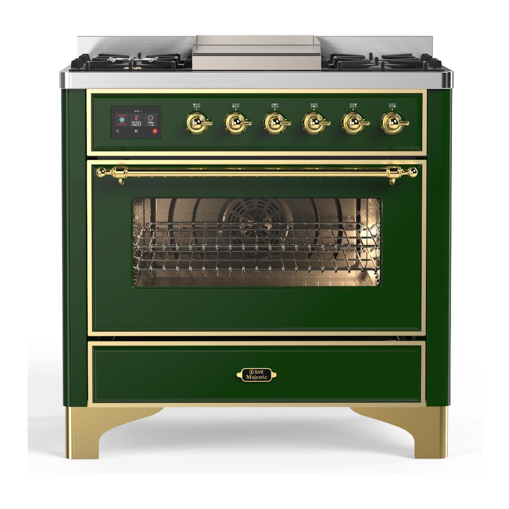 Ilve UM36FNR3EGG Ilve Um36Fnr3Egg Majestic Iii 36 Inch Dual Fuel Range With 6 Black Brass Burners And Griddle, Dual Function Burner Up To 25,000 Btu (Triple Glass Door, Emerald Green, Brass, Natural Gas)
