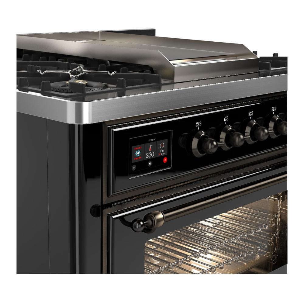 Ilve UM36FNR3BKBLP Ilve Um36Fnr3Bkblp Majestic Iii 36 Inch Dual Fuel Range With 6 Black Brass Burners And Griddle, Dual Function Burner Up To 25,000 Btu (Triple Glass Door, Glossy Black, Burnished, Liquid Propane)