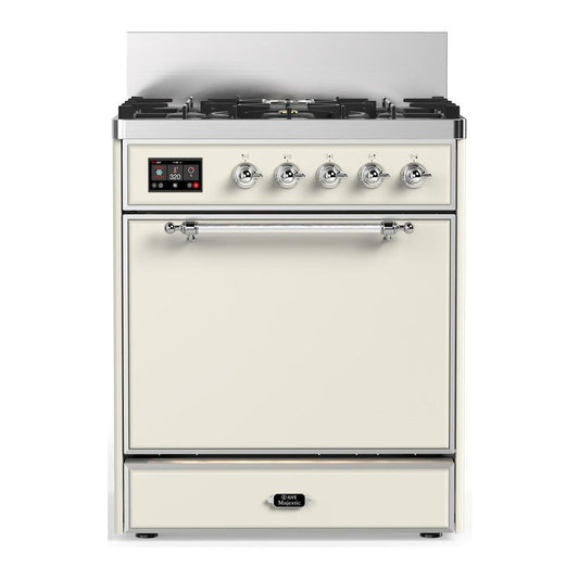 Ilve UM30QNR3AWCLP Ilve Um30Qnr3Awclp Majestic Iii 30 Inch Dual Fuel Range With 5 Black Brass Burners, Dual Function Burner Up To 25,000 Btu (Liquid Propane, Solid Door, Antique White, Chrome)