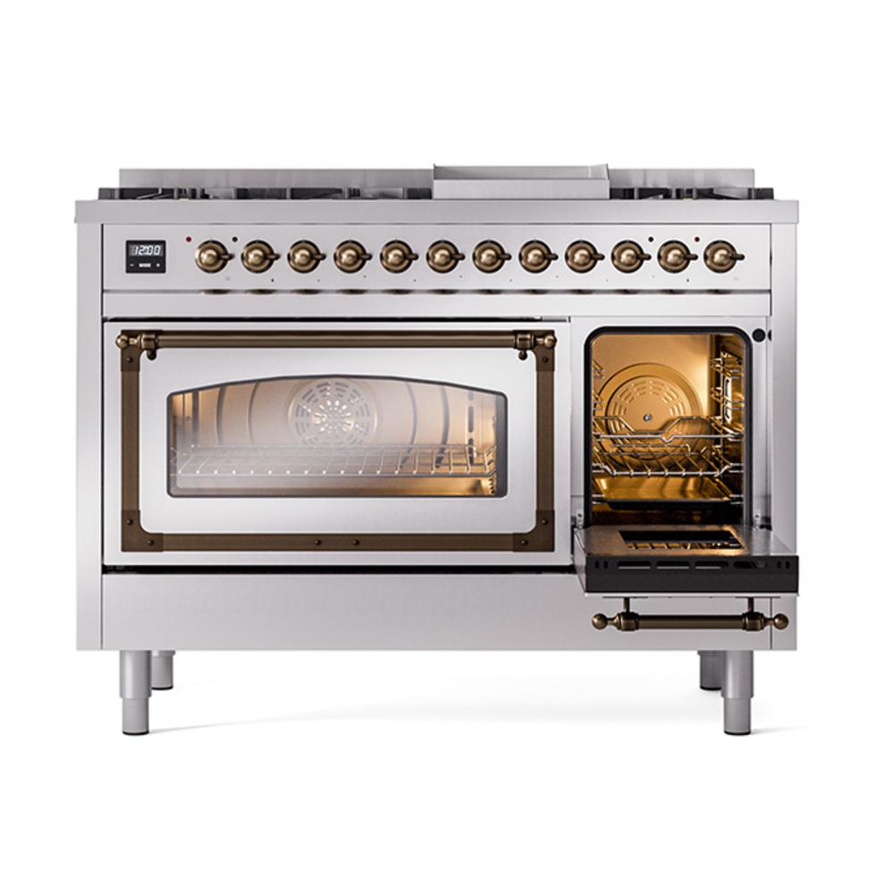 Ilve UN48FNMPSSBLP Ilve Un48Fnmpssblp Nostalgie Ii Noblesse 48" Dual Fuel Range (8 Sealed Burners + Griddle, Liquid Propane, Triple Glass Door, Stainless Steel, Burnished)