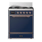 Ilve UM30QNR3MBPLP Ilve Um30Qnr3Mbplp Majestic Iii 30 Inch Dual Fuel Range With 5 Black Brass Burners, Dual Function Burner Up To 25,000 Btu (Liquid Propane, Solid Door, Midnight Blue, Copper)