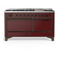 Ilve UM60FQNR3BUBLP Ilve Um60Fqnr3Bublp Majestic Iii 60 Inch Dual Fuel Range With 9 Burners And Griddle, Dual Function Burner Up To 25,000 Btu (Liquid Propane, Solid Door, Burgundy, Burnished)