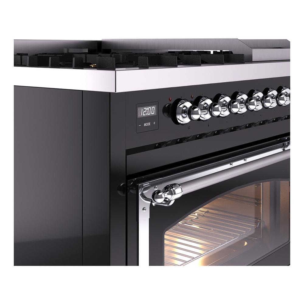 Ilve UN48FNMPBKC Ilve Un48Fnmpbkc Nostalgie Ii Noblesse 48" Dual Fuel Range (8 Sealed Burners + Griddle, Natural Gas, Triple Glass Door, Glossy Black, Chrome)