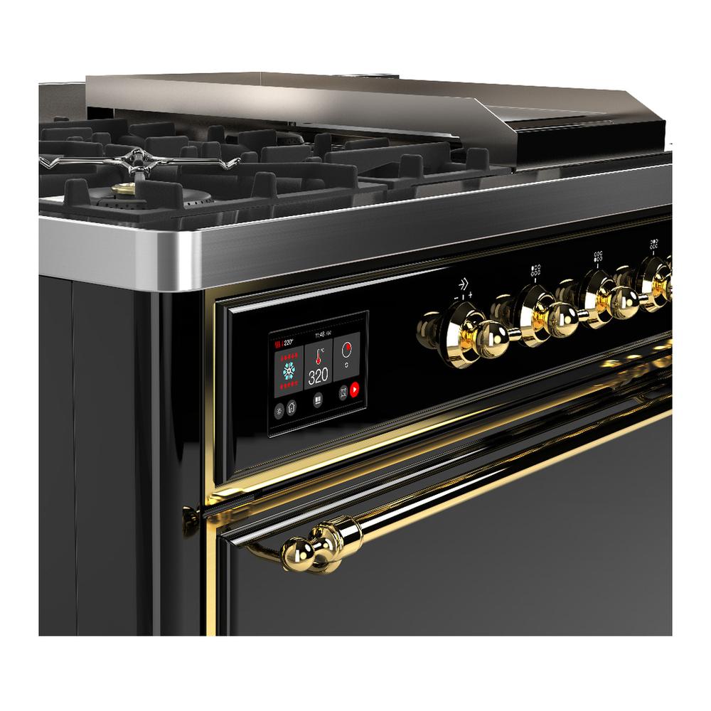 Ilve UM48FSQNR3BKG Ilve Um48Fsqnr3Bkg Majestic Iii 48 Inch Dual Fuel Range With 5 Black Brass Burners, Griddle And French Top, Dual Function Burner Up To 25,000 Btu (Natural Gas, Solid Door, Glossy Black, Brass)