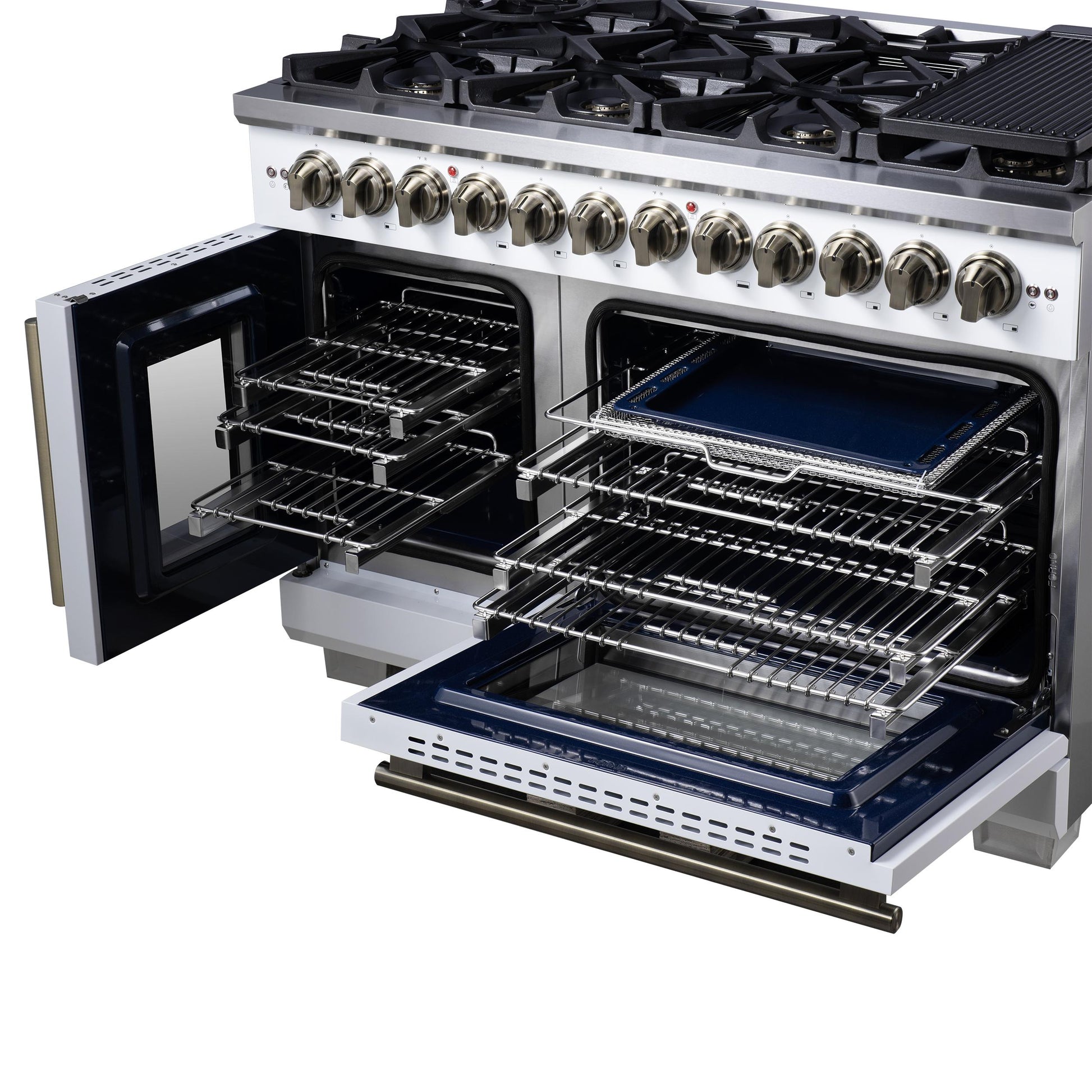 Forno FFSGS638748WHT Forno Capriasca 48 Inch Freestanding French Door Dual Fuel Range In White With Antique Brass Accessories, 8 Burners, True Convection Oven