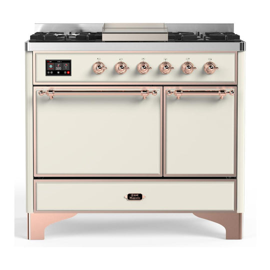 Ilve UMD40FQNR3AWP Ilve Umd40Fqnr3Awp Majestic Iii 40 Inch Dual Fuel Range With 6 Burners And Griddle, Dual Function Burner Up To 25,000 Btu (Natural Gas, Solid Door, Antique White, Copper)