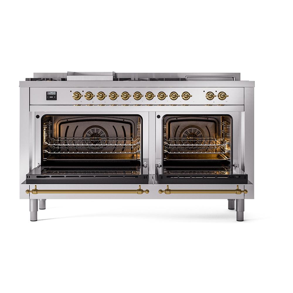 Ilve UN60FSNMPSSG Ilve Un60Fsnmpssg Nostalgie Ii Noblesse 60" Dual Fuel Range (7 Sealed Burners + Griddle + French Top, Natural Gas, Triple Glass Door, Stainless Steel, Brass)