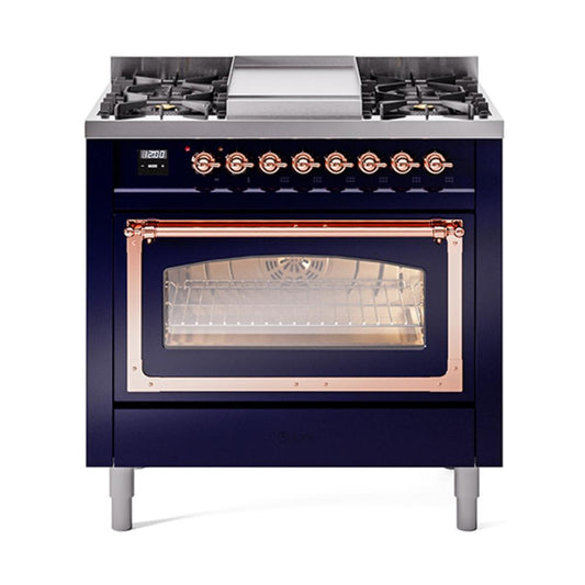 Ilve UN36FNMPMBP Ilve Un36Fnmpmbp Nostalgie Ii Noblesse 36" Dual Fuel Range (Natural Gas, Triple Glass Door, Midnight Blue, Copper)