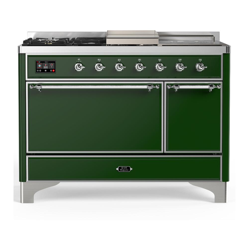 Ilve UM48FSQNR3EGC Ilve Um48Fsqnr3Egc Majestic Iii 48 Inch Dual Fuel Range With 5 Black Brass Burners, Griddle And French Top, Dual Function Burner Up To 25,000 Btu (Natural Gas, Solid Door, Emerald Green, Chrome)