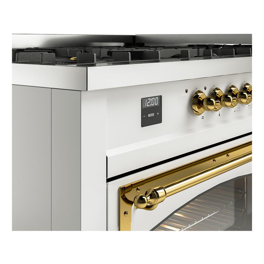 Ilve UN60FNMPWHG Ilve Un60Fnmpwhg Nostalgie Ii Noblesse 60" Dual Fuel Range (9 Sealed Burners + Griddle, Natural Gas, Triple Glass Door, White, Brass)