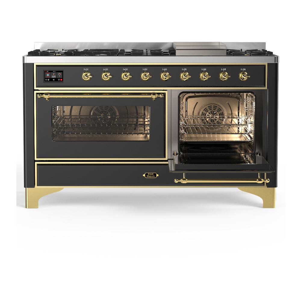 Ilve UM60FNR3MGG Ilve Um60Fnr3Mgg Majestic Iii 60 Inch Dual Fuel Range With 9 Burners And Griddle, Dual Function Burner Up To 25,000 Btu (Natural Gas, Triple Glass Door, Graphite Matte, Brass)