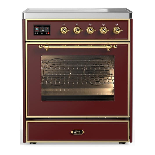 Ilve UMIB30NR3BUG Ilve Umib30Nr3Bug Majestic Iii 30 Inch Induction Range With 4 Elements, 4 Cu. Ft. Oven Capacity (Triple Glass Door, Burgundy, Brass)