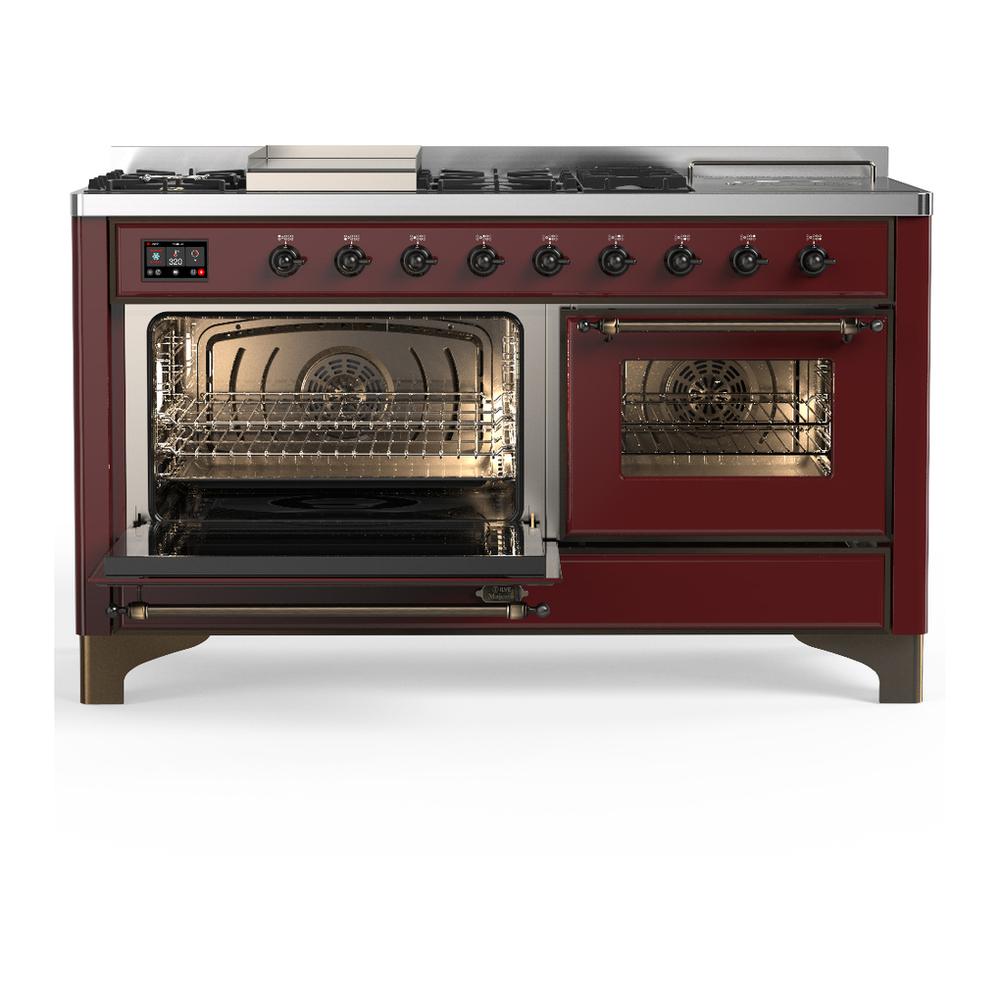 Ilve UM60FSNR3BUB Ilve Um60Fsnr3Bub Majestic Iii 60 Inch Dual Fuel Range With 7 Burners, Griddle And French Top, Dual Function Burner With Up To 25,000 Btu (Natural Gas, Triple Glass Door, Burgundy, Burnished)