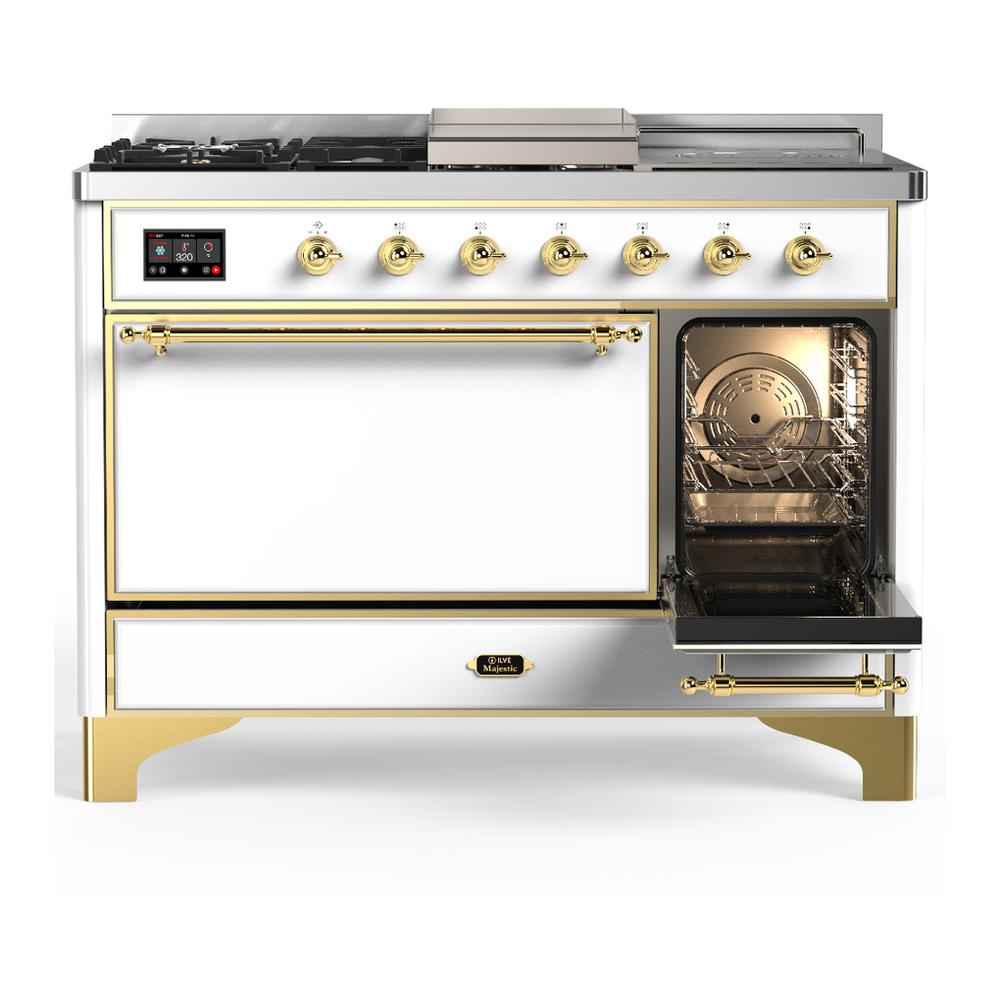 Ilve UM48FSQNR3WHGLP Ilve Um48Fsqnr3Whglp Majestic Iii 48 Inch Dual Fuel Range With 5 Black Brass Burners, Griddle And French Top, Dual Function Burner Up To 25,000 Btu (Liquid Propane, Solid Door, White, Brass)