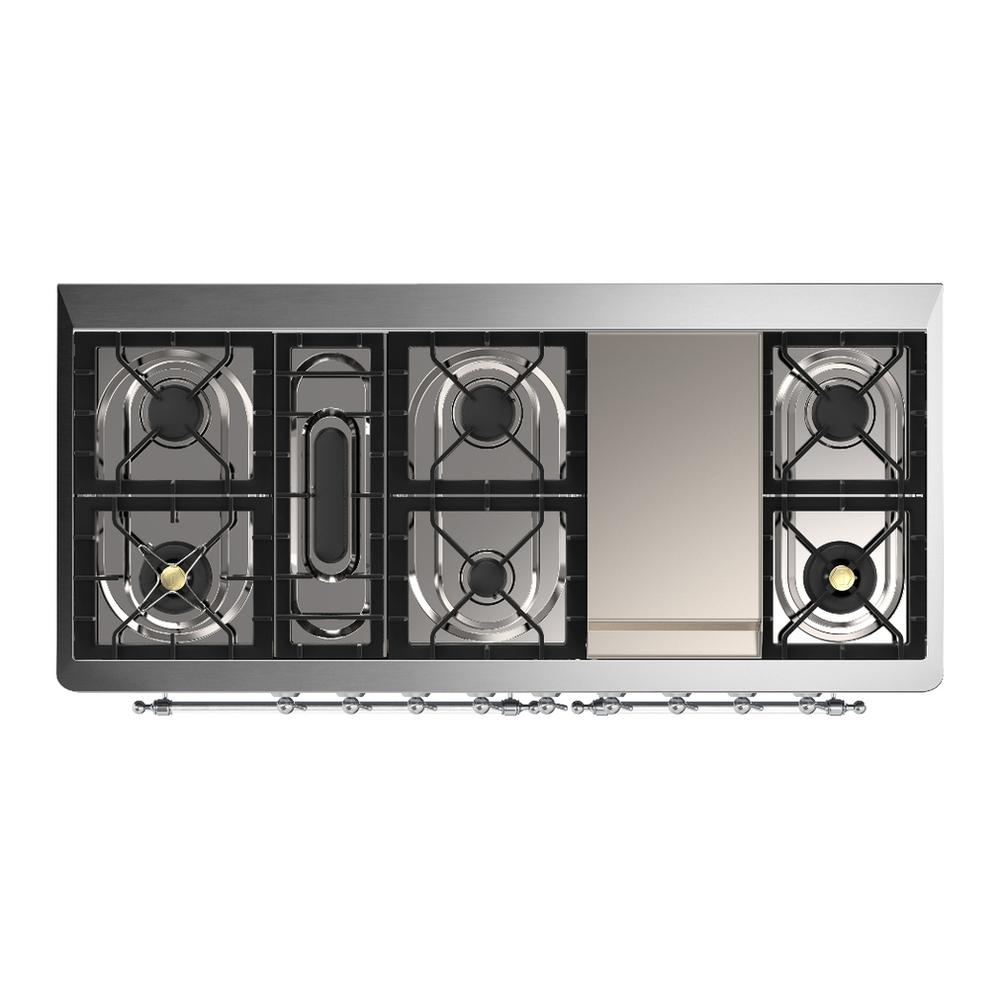 Ilve UM60FQNR3BKC Ilve Um60Fqnr3Bkc Majestic Iii 60 Inch Dual Fuel Range With 9 Burners And Griddle, Dual Function Burner Up To 25,000 Btu (Natural Gas, Solid Door, Glossy Black, Chrome)