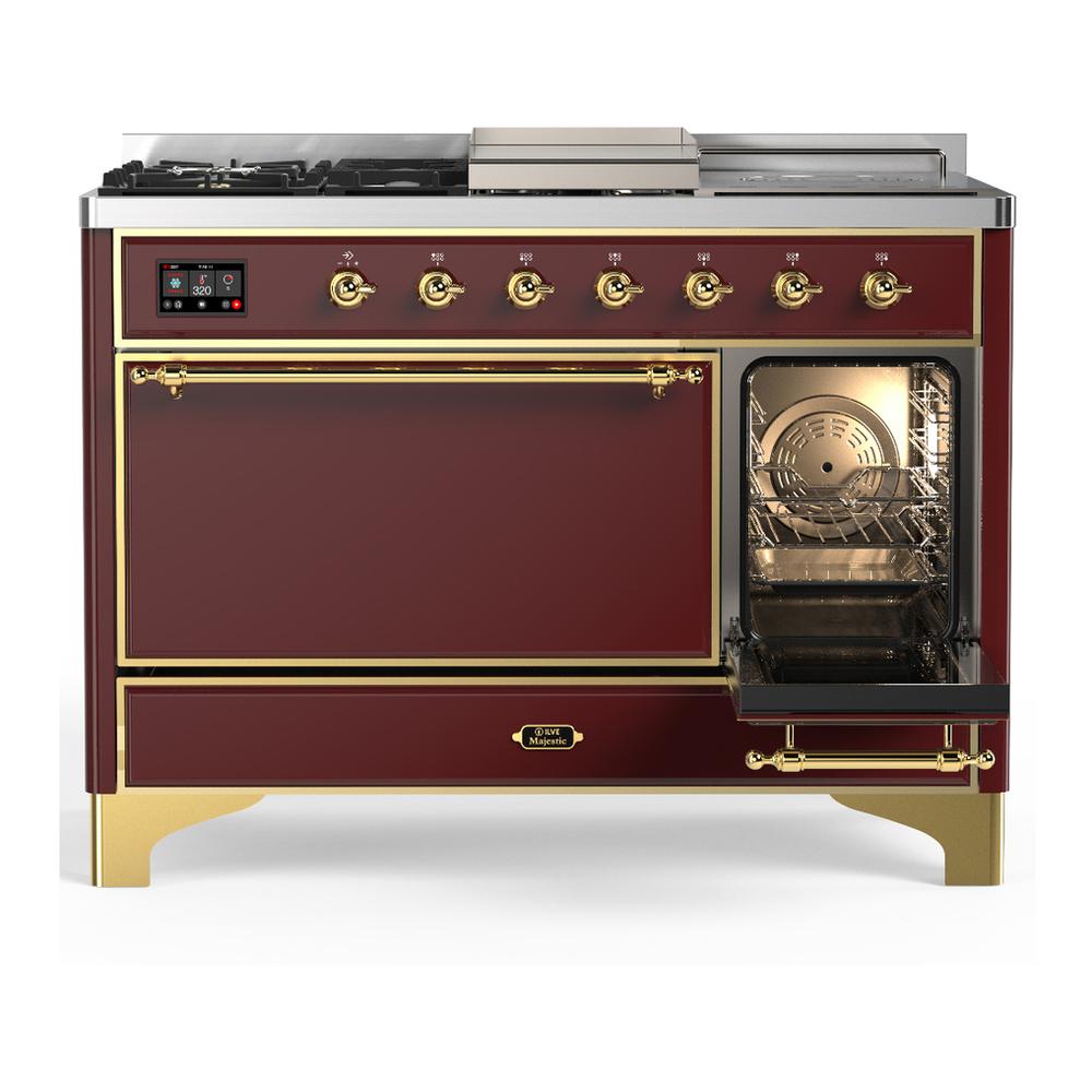 Ilve UM48FSQNR3BUG Ilve Um48Fsqnr3Bug Majestic Iii 48 Inch Dual Fuel Range With 5 Black Brass Burners, Griddle And French Top, Dual Function Burner Up To 25,000 Btu (Natural Gas, Solid Door, Burgundy, Brass)