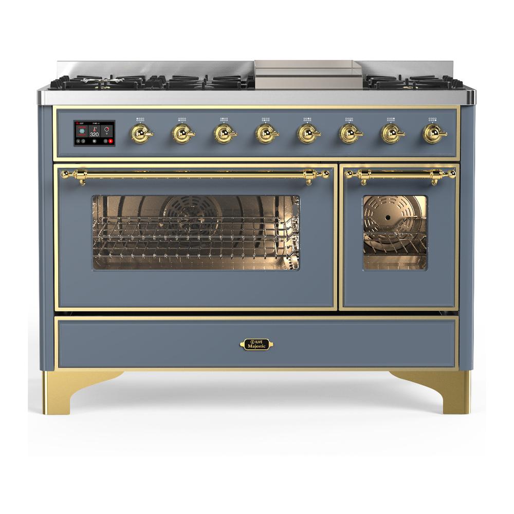 Ilve UM48FNR3BGG Ilve Um48Fnr3Bgg Majestic Iii 48 Inch Dual Fuel Range With 8 Burners And Griddle, Dual Function Burner Up To 25,000 Btu (Natural Gas, Triple Glass Door, Blue Grey, Brass)