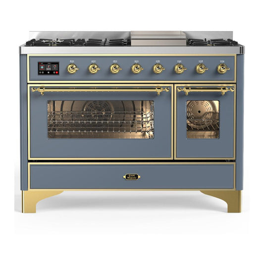 Ilve UM48FNR3BGG Ilve Um48Fnr3Bgg Majestic Iii 48 Inch Dual Fuel Range With 8 Burners And Griddle, Dual Function Burner Up To 25,000 Btu (Natural Gas, Triple Glass Door, Blue Grey, Brass)